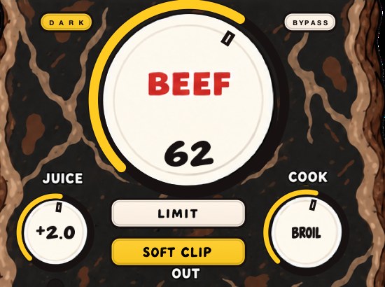 BEEFY with SOFT CLIP selected as the output stage, BEEF at 62, JUICE +2.0, COOK on BROIL.