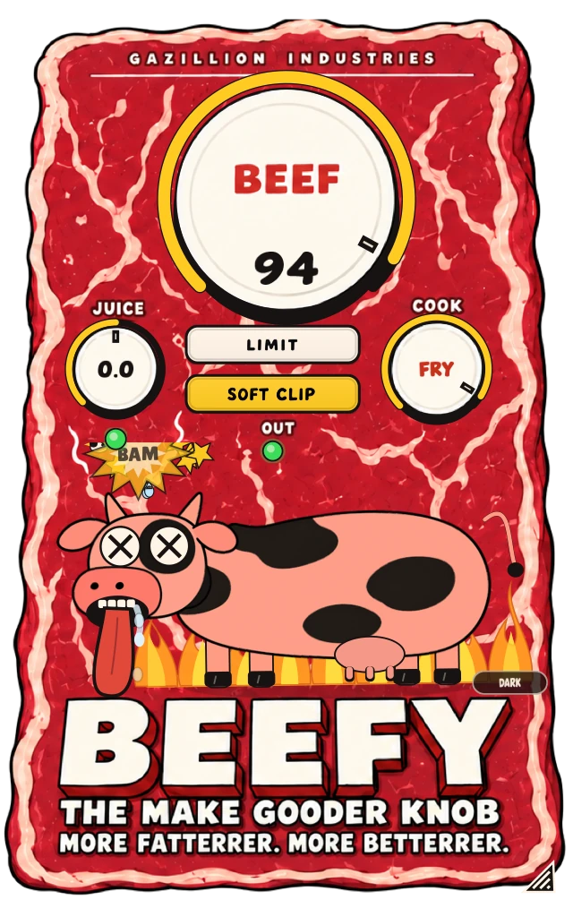 BEEFY’s raw cartoon steak panel, SOFT CLIP on, at BEEF 94, with a bonked cow, tongue out and flames beneath its feet.