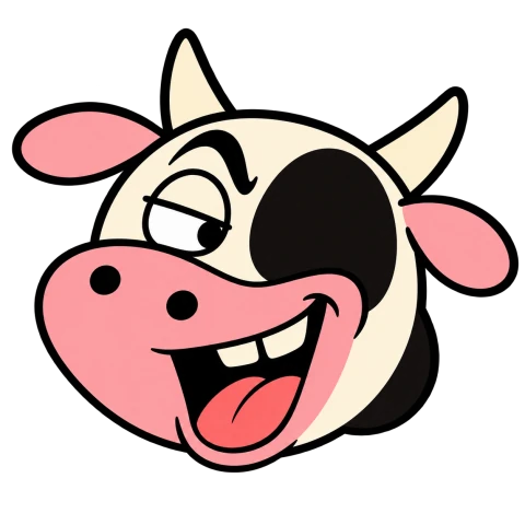 A cow hamming it up with an open-mouthed grin and a slow, knowing wink