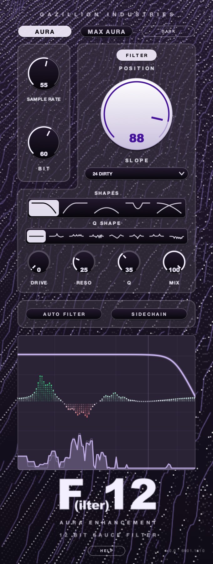 The F(ilter)12 plug-in panel in its dark theme with AURA on: SAMPLE RATE and BIT dials, a large filter POSITION dial reading 88, rows of filter and resonance shapes, and a display showing the filter curve over the AURA field, green where the stage is adding and red where it is taking away.