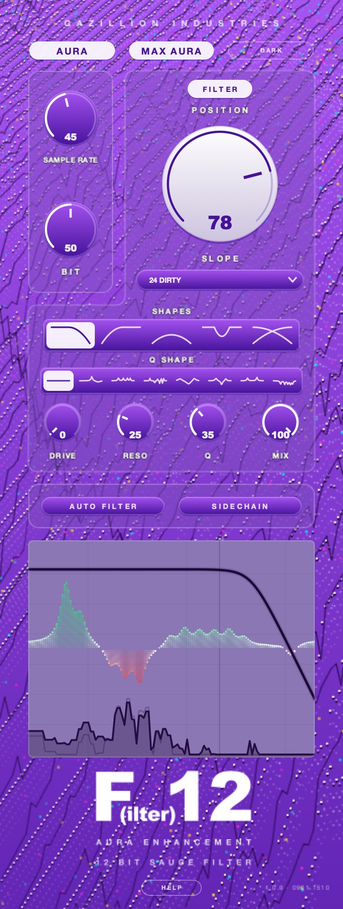 The F(ilter)12 panel in its light theme with MAX AURA engaged, showing the same controls on a bright violet field and a fuller AURA field in the display.
