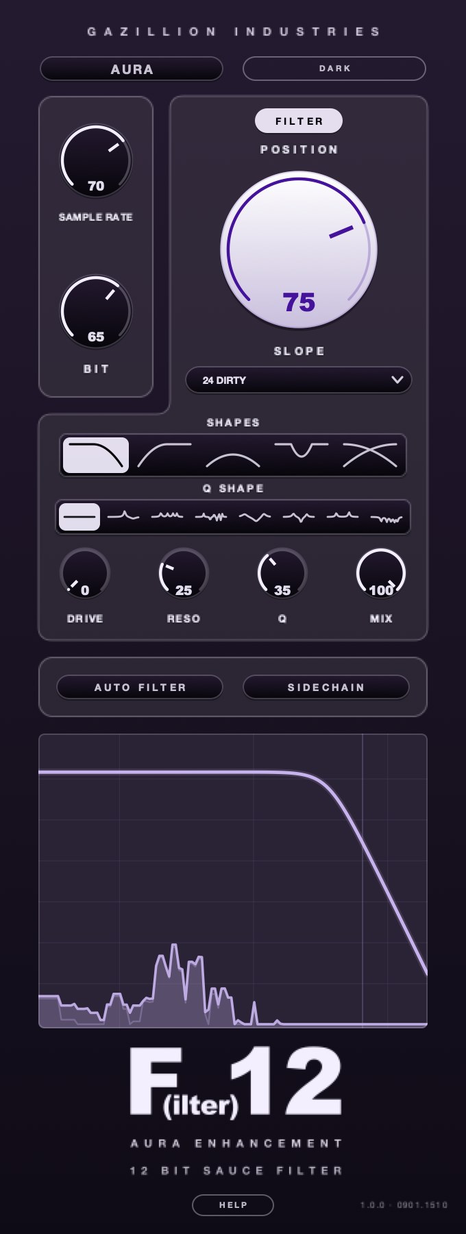 The F(ilter)12 panel with AURA off: the display keeps the filter curve and the audio spectrum, the AURA field is gone, and the reactive background is still.