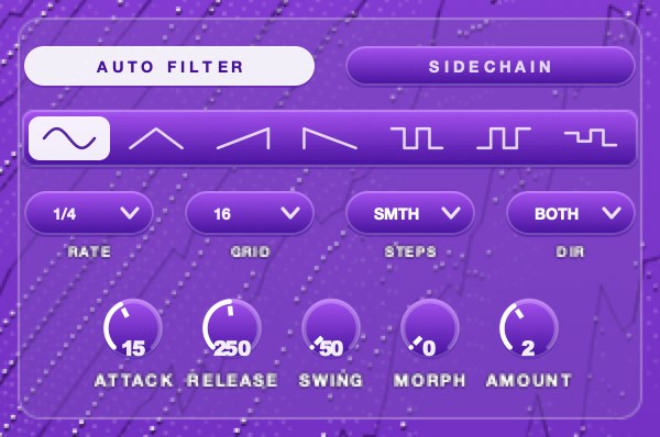 The movement group with AUTO FILTER engaged: the seven shape tiles, then RATE, GRID, STEPS and DIR, then the ATTACK, RELEASE, SWING, MORPH and AMOUNT dials.