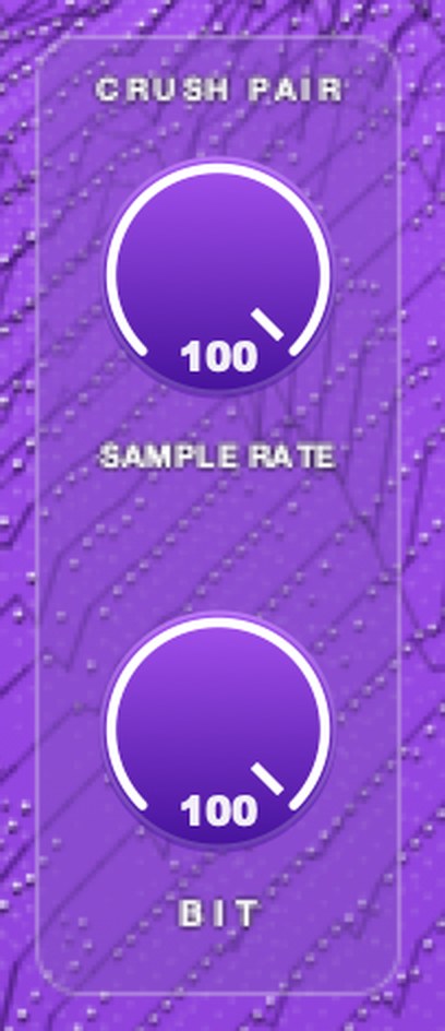 The crush pair group: the SAMPLE RATE dial above the BIT dial, both at 100.