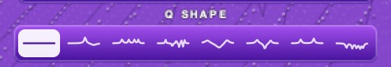The Q SHAPE row: eight tiles drawn as resonance shapes - plain, wah, vowel, comb, scoop, hollow, twin and phaser.