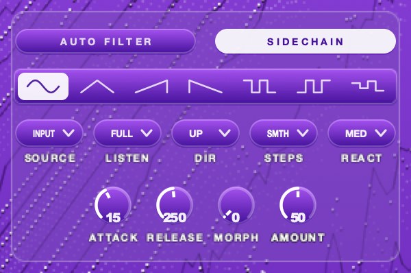 The movement group with SIDECHAIN engaged: the seven shape tiles, then SOURCE, LISTEN, DIR, STEPS and REACT, then the ATTACK, RELEASE, MORPH and AMOUNT dials.