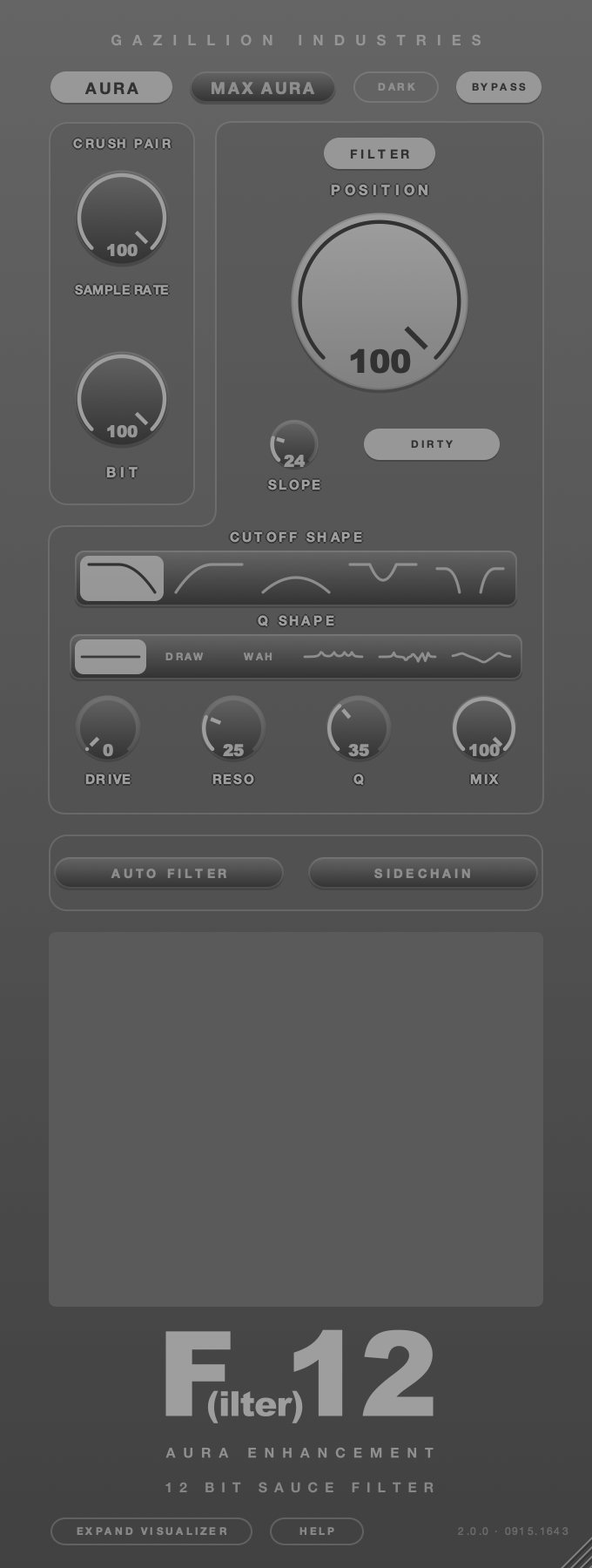 The panel with BYPASS lit: every control grayed and dimmed, and the display empty.