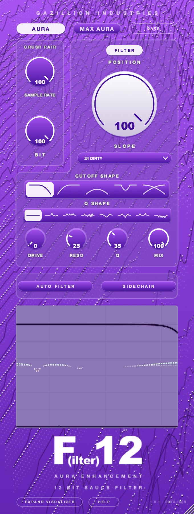 The F(ilter)12 panel in its light purple theme, everything at its opening setting.
