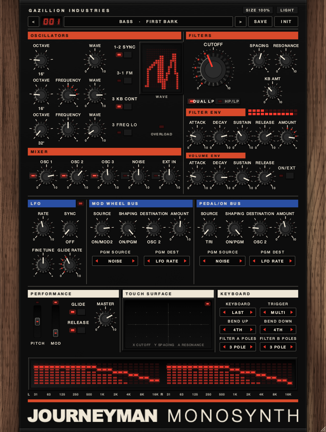The JOURNEYMAN panel: three oscillators with OCTAVE and WAVE, a MIXER with NOISE and EXT IN, two ladder filters with CUTOFF and SPACING, filter and volume envelopes, an LFO, two modulation busses and the touch surface.