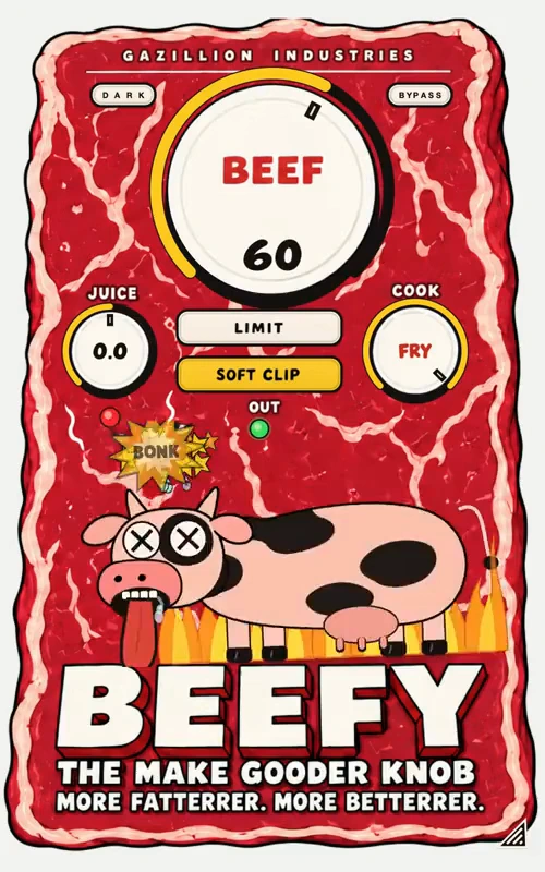 BEEFY’s cartoon steak panel with a fat cow, tongue out, bonk and flames.