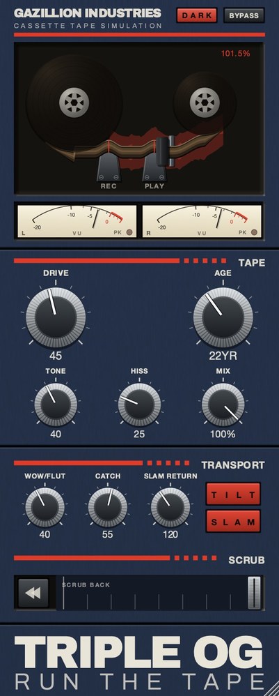 The whole TRIPLE OG panel in its dark finish: transport display at the top, VU meters, the TAPE section, the TRANSPORT section and the SCRUB strip.