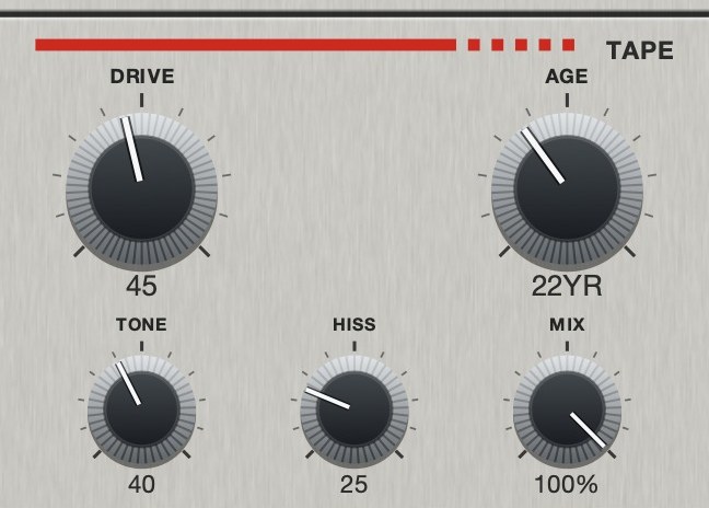 The TAPE section on the light faceplate: DRIVE, AGE, TONE, HISS and MIX.