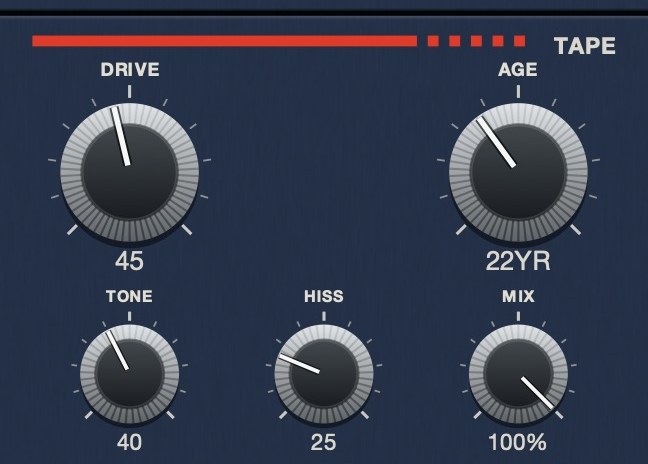The TAPE section of the TRIPLE OG panel: DRIVE at 45, AGE at 22 years, TONE at 40, HISS at 25 and MIX at 100 per cent.