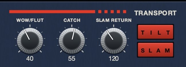 The TRANSPORT section of the TRIPLE OG panel: WOW/FLUT at 40, CATCH at 55, SLAM RETURN at 120, and TILT and SLAM buttons.