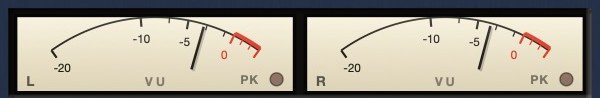 Two VU meters labelled L and R, calibrated from minus twenty to zero with a red section past zero and a peak lamp.