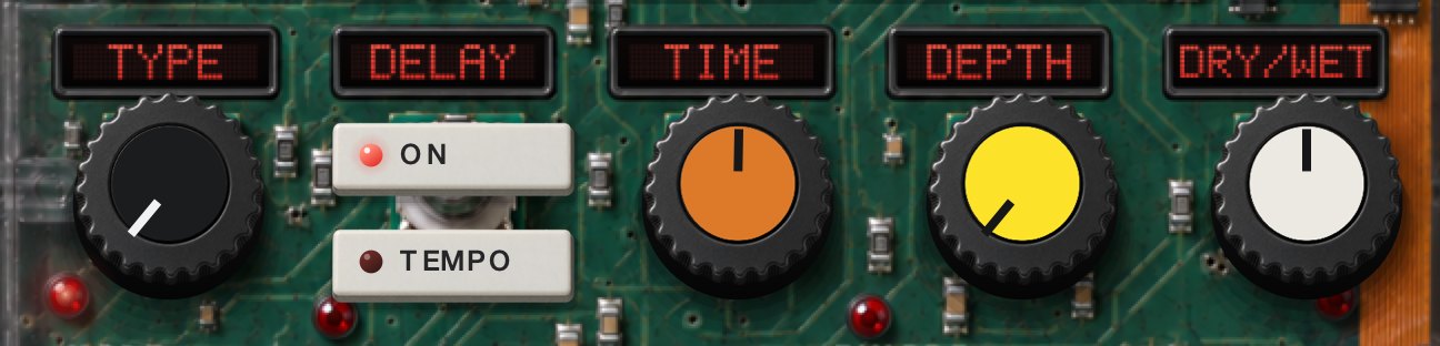 The DELAY row: a TYPE knob, ON and TEMPO keys stacked, and TIME, DEPTH and DRY/WET knobs.