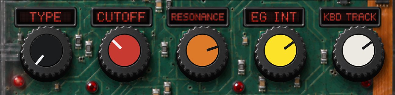 The FILTER row: TYPE, CUTOFF, RESONANCE, EG INT and KBD TRACK knobs.
