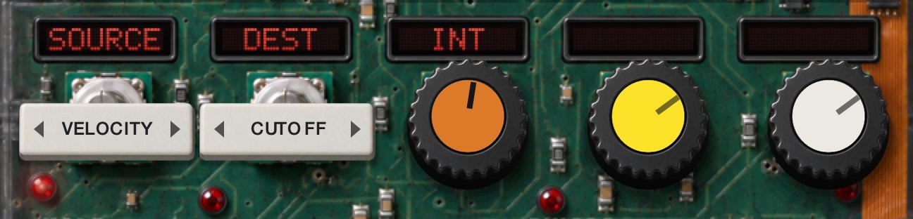 The PATCH 1 row: SOURCE and DEST selectors and an INT knob.