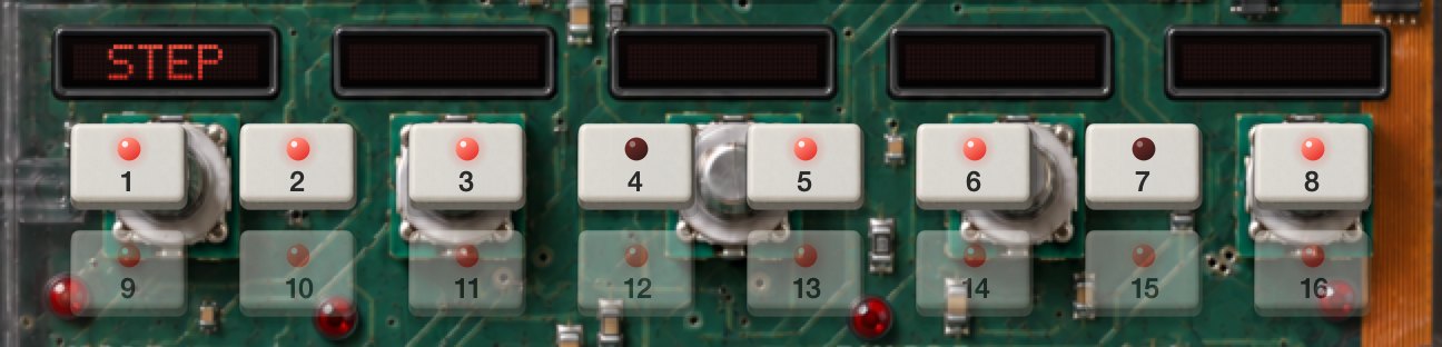 The STEP row: sixteen numbered step keys in two rows of eight; 9 to 16 dimmed.