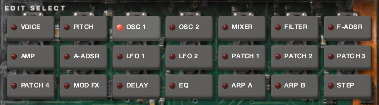 EDIT SELECT in SINGLE mode: VOICE, PITCH, OSC 1, OSC 2, MIXER, FILTER, F-ADSR, AMP, A-ADSR, LFO 1, LFO 2, PATCH 1, PATCH 2, PATCH 3, PATCH 4, MOD FX, DELAY, EQ, ARP A, ARP B, STEP.