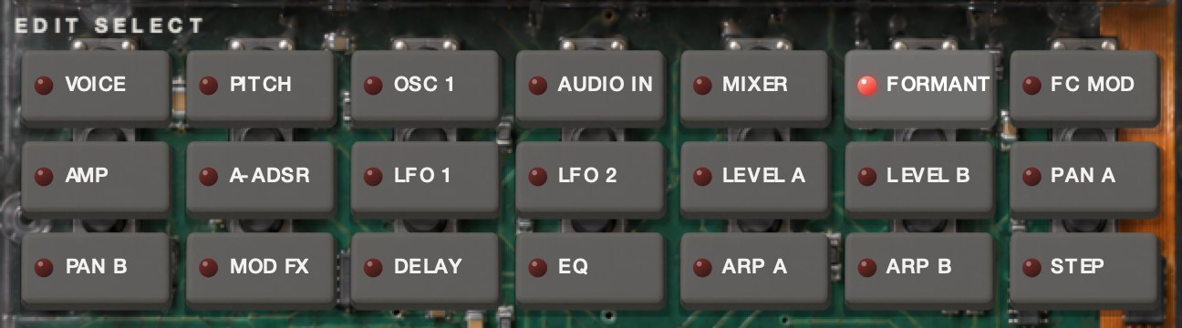 EDIT SELECT in VOCODER mode: VOICE, PITCH, OSC 1, AUDIO IN, MIXER, FORMANT, FC MOD, AMP, A-ADSR, LFO 1, LFO 2, LEVEL A, LEVEL B, PAN A, PAN B, MOD FX, DELAY, EQ, ARP A, ARP B, STEP.