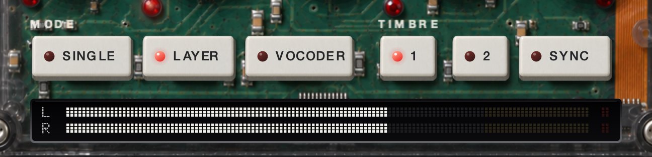 The MODE keys SINGLE, LAYER and VOCODER, the TIMBRE keys 1, 2 and SYNC, and the output meter.