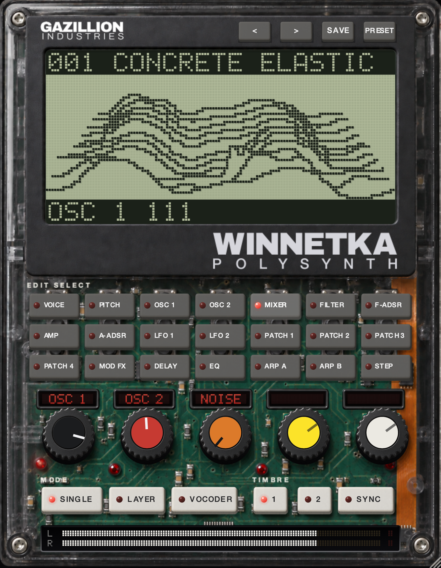 WINNETKA's panel: program keys, a 128 by 64 screen, twenty-one edit select keys and five knobs whose jobs change with the row.