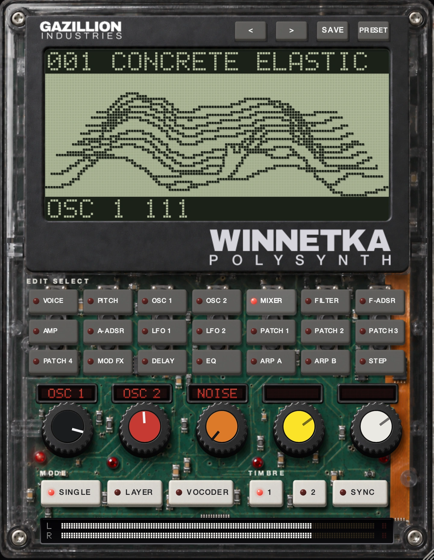 WINNETKA's clear shell, live spectrum display, grey edit buttons, red parameter displays and five coloured knob caps.